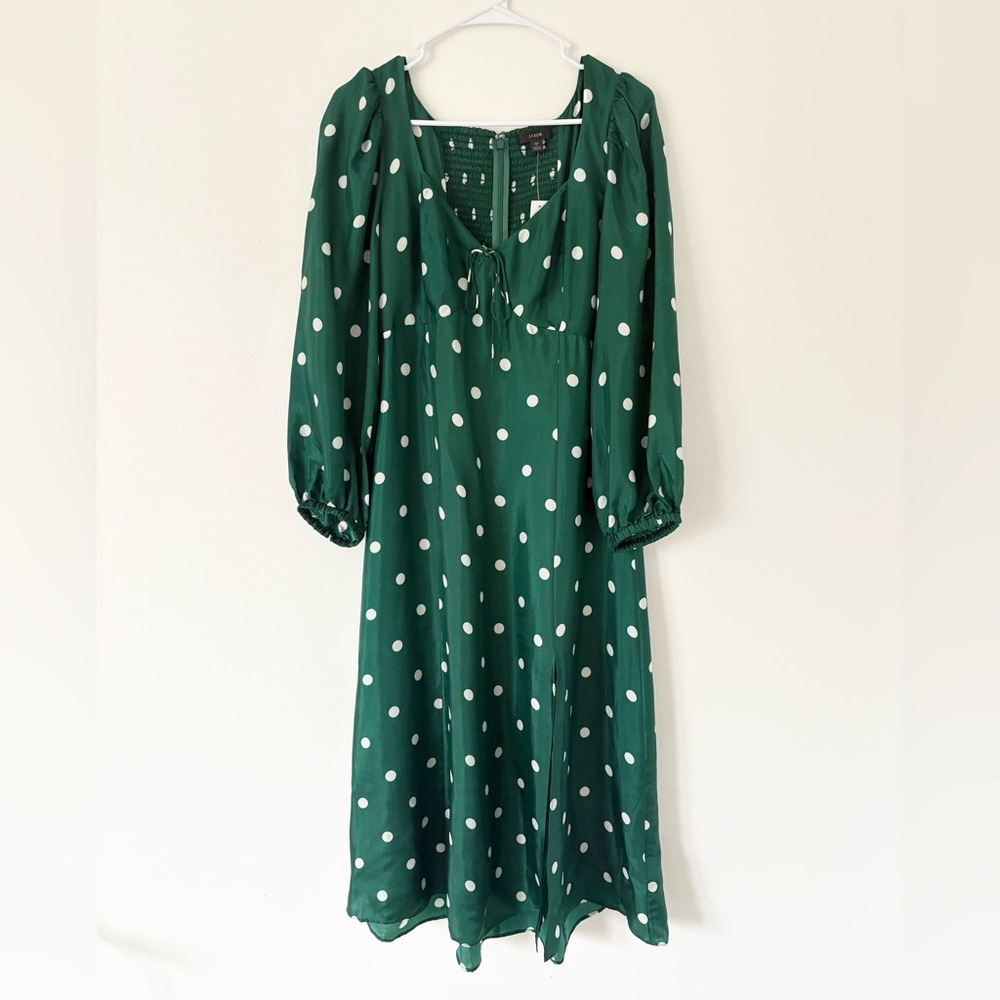 J Crew NEW Green White Polka Dot Sweetheart Long Sleeve Midi Dress Size 12 - Picture 6 of 13
